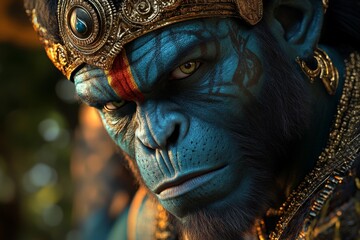 Obraz premium A close-up of Hanumanâ€™s face, radiating strength and determination, with the Wind Godâ€™s emblem on his forehead