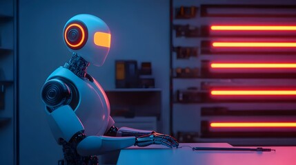 Fototapeta premium Futuristic robot wielding glowing holographic tools with laser precision meticulously repairing intricate microchips of an autonomous vehicle s system in a neon lit high tech garage setting
