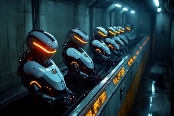 Fototapeta premium A dark and eerie scene of an automated factory with robotic arms moving silently in the shadows, with antique decor and muted colors