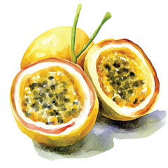 Yellow passion fruit watercolor clipart illustration