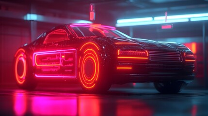 Naklejka premium Advanced robot meticulously performing laser precision repairs on the futuristic car s complex system with glowing holographic tools floating around in a dark