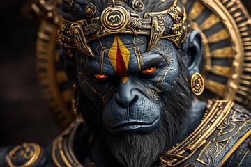 Fototapeta premium A hyper-realistic close-up of Hanumanâ€™s face, with lifelike details capturing his determination and wisdom