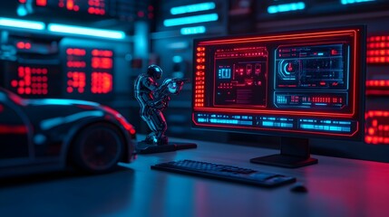 Advanced robot meticulously performing laser precision repairs on a futuristic car s system with glowing holographic tools floating around in a dark neon lit cyberpunk style garage