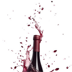 A bottle of red wine with a splash of liquid pouring out.