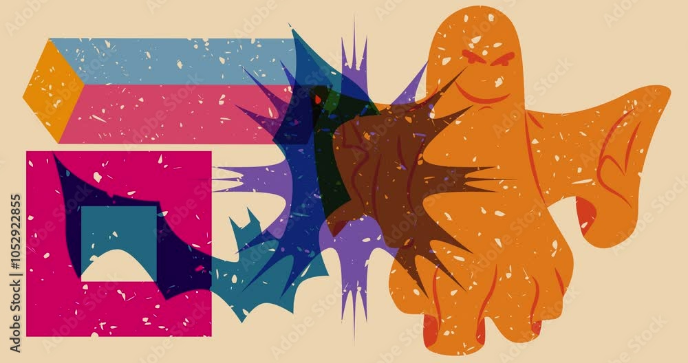 Poster risograph halloween ghost and bat with geometric shapes animation. moving object in trendy riso grap