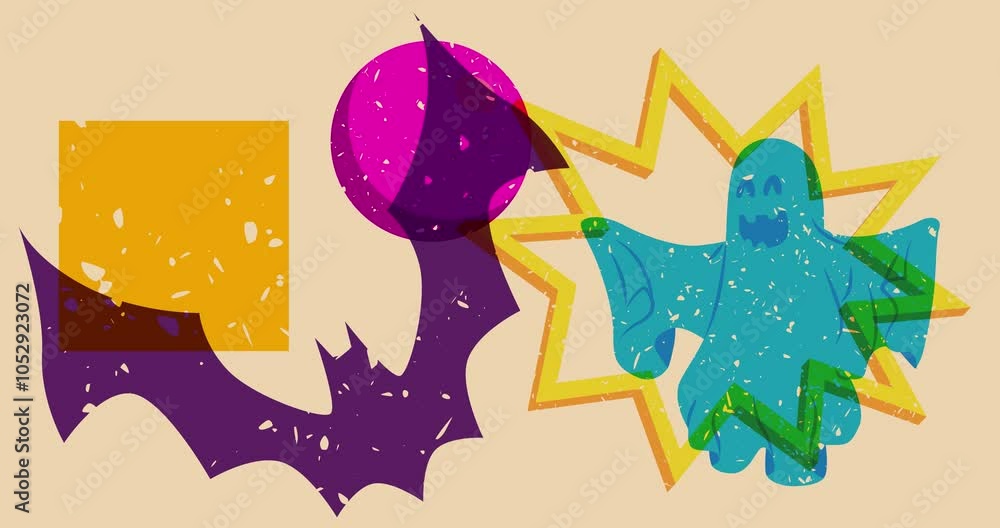 Poster risograph halloween ghost and bat with geometric shapes animation. moving object in trendy riso grap