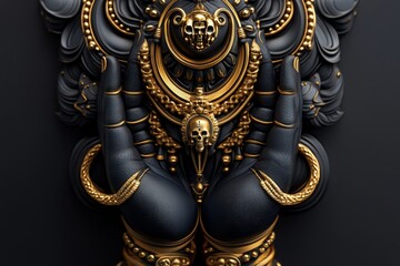 Fototapeta premium A realistic statue of Goddess Kali, showing intricate details of her jewelry, skull garland, and multiple arms