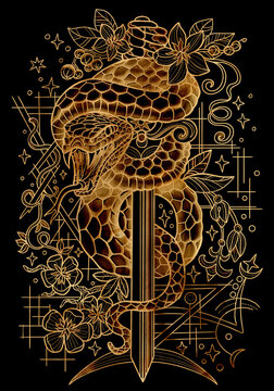 Graphic illustration with snake - symbol of the year according to chinese calendar horoscope, and sword against black background. Esoteric, gothic and mystic artwork, epic concept for print, cards
