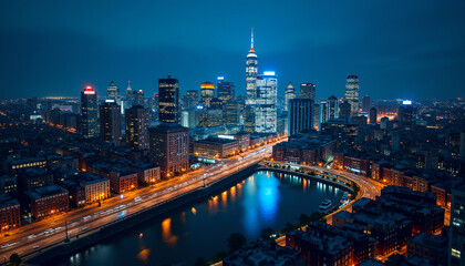 Fototapeta premium Jersey City Skyline at Dusk: Urban Lights and Highway
