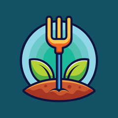 Fork in the ground with green leaves, symbolizing sustainable agriculture.