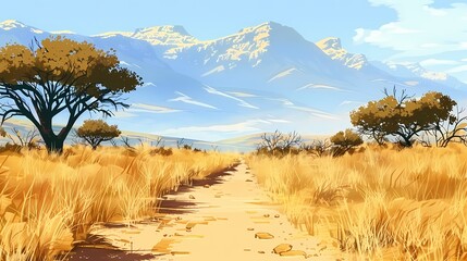 Quiet gravel path through sunlit dry season grass, framing a mountain view with leafless trees and a soft autumn glow.