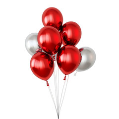 A bunch of red and silver balloons, floating in the air.