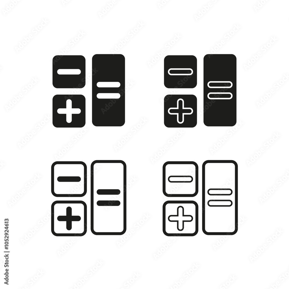Poster calculator button icons. plus and minus symbols. bold minimal vector shapes. black and white set.