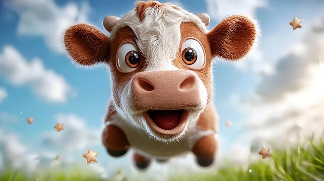 Whimsical 3D clay cow character jumping playfully over a cartoon moon with twinkling animated stars in the night sky   a fun quirky and imaginative interpretation of a classic nursery rhyme scene