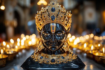 Goddess Kali in a gothic temple with dim candlelight illuminating her, enhancing her powerful and mysterious presence