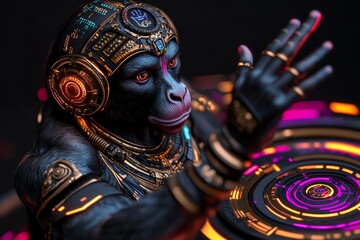 Hanuman with a cybernetic arm and neon details, standing in front of a glowing digital background, symbolizing divine power in a tech-inspired world