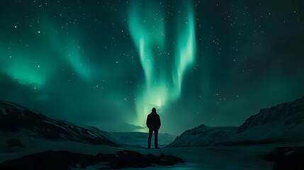 Fototapeta premium Aurora borealis and silhouette of standing man on the mountain. Aurora and traveller. Starry sky and green polar lights. Night landscape with northern lights and people. Concept. Nature background . 