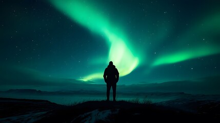 Fototapeta premium Aurora borealis and silhouette of standing man on the mountain. Aurora and traveller. Starry sky and green polar lights. Night landscape with northern lights and people. Concept. Nature background . 