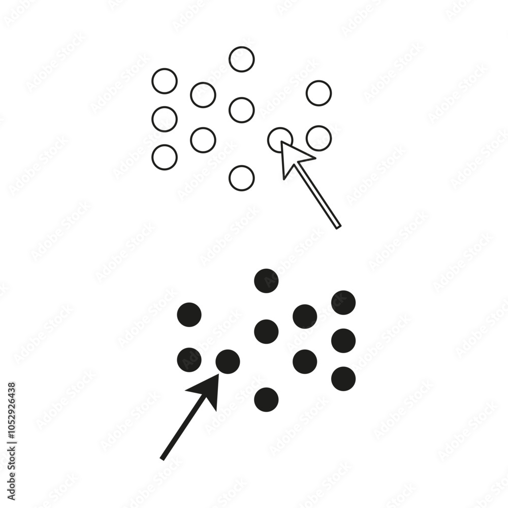 Poster cursor selection icon. dotted and solid circles. arrow pointer graphic. vector user interface.