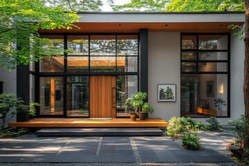 A modern home with a welcoming entryway, featuring large windows and natural wood accents.