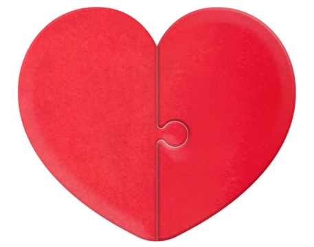 縦に分かれた立体的なふっくらしたハートの形の赤いパズル
