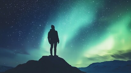 Fototapeta premium Aurora borealis and silhouette of standing man on the mountain. Aurora and traveller. Starry sky and green polar lights. Night landscape with northern lights and people. Concept. Nature background . 