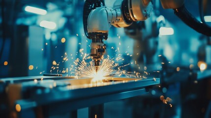 Fototapeta premium Robotic Arm Producing Sparks in Industrial Setting