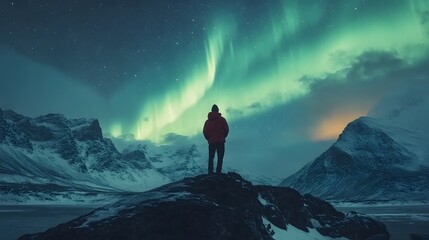 Fototapeta premium Aurora borealis and silhouette of standing man on the mountain. Aurora and traveller. Starry sky and green polar lights. Night landscape with northern lights and people. Concept. Nature background . 