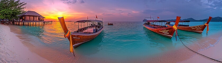 Obraz premium Tropical Sunset with Traditional Longtail Boats on a Pristine Beach