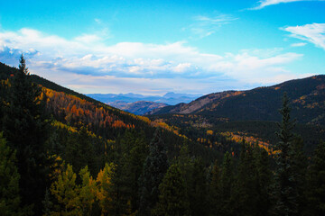 Fototapeta premium Mountain Landscape with Dense Forests and Autumn Colors Under a Blue Sky – Scenic View of Natural Wilderness in Fall