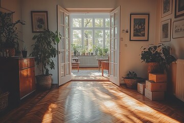 Fototapeta premium Sunlight streams through a doorway into a vintage-styled living room, illuminating the hardwood floor and potted plants.
