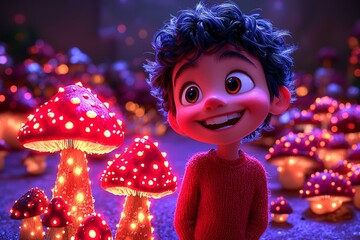 Obraz premium Cute Cartoon Boy in a Magical Mushroom Forest with Glowing Lights