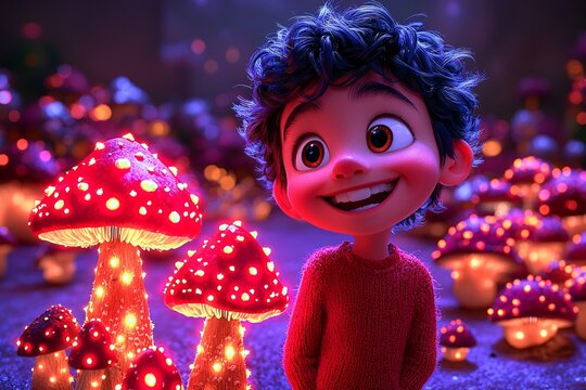 Cute Cartoon Boy in a Magical Mushroom Forest with Glowing Lights
