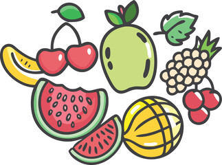 Colorful illustration of mixed fruits assortment, Vibrant vector illustration featuring various fruits like watermelon, orange, pear, apple, and grapes in a modern style.