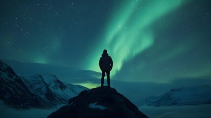 Fototapeta premium Aurora borealis and silhouette of standing man on the mountain. Aurora and traveller. Starry sky and green polar lights. Night landscape with northern lights and people. Concept. Nature background . 
