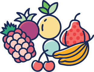Colorful illustration of mixed fruits assortment, Vibrant vector illustration featuring various fruits like watermelon, orange, pear, apple, and grapes in a modern style.