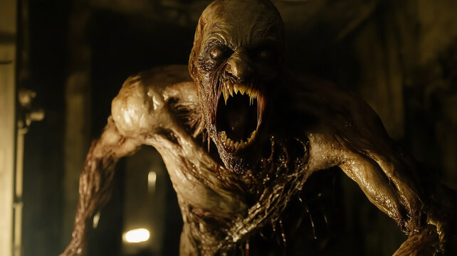Scary demon with fangs about to bite you for Halloween theme.