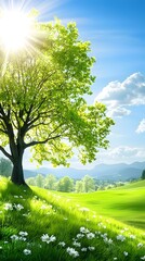 Fototapeta premium Sunny Meadow with Tree and Flowers.