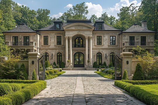 Stately French Chateau-style luxury home exterior on a sunny day.