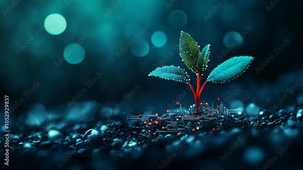 Poster a seedling emerging from a circuit board symbolizes the fusion of nature and technology.
