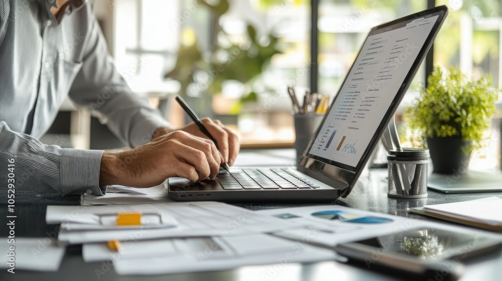 Poster accountant calculating an e-bill on a computer in a professional office. clean desk with financial d