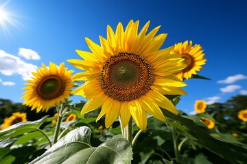 Obraz premium a 2D cartoon illustration of a sunflower field with a bright blue sky warm and sunny white background