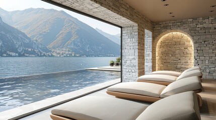 Fototapeta premium A Tranquil Spa Escape Overlooking a Stunning Lake and Majestic Mountains in Peaceful Surroundings.