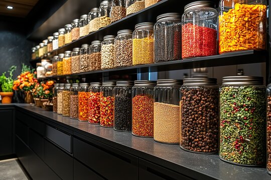 An array of colorful spices and grains are meticulously organized in glass jars, lined up on shelves in a modern pantry.