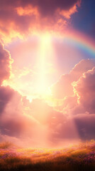 Fototapeta premium breathtaking sunset illuminates sky with vibrant colors, casting warm glow over field of flowers. rainbow adds magical touch to this serene landscape