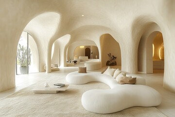 A spacious, modern living room featuring an organically shaped white sofa and unique curved walls, creating a serene and minimalist ambiance.