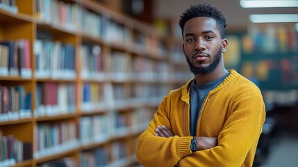 Obraz premium A Young Black Man Stands Confidently in a Library