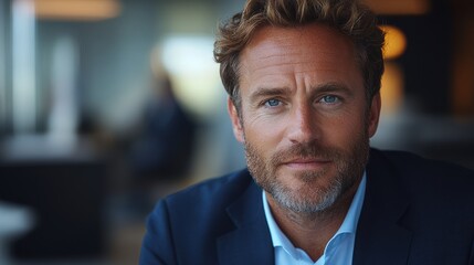 Fototapeta premium Close-up Portrait of a Man with a Blue Blazer and a Serious Expression