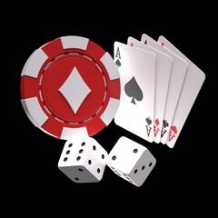 Obraz premium Ace Card Poker with Diamond Chips and Dice for Casino Concept 3D Illustration