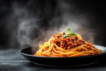 A steaming plate of spaghetti bolognese topped with grated cheese and garnished with fresh herbs